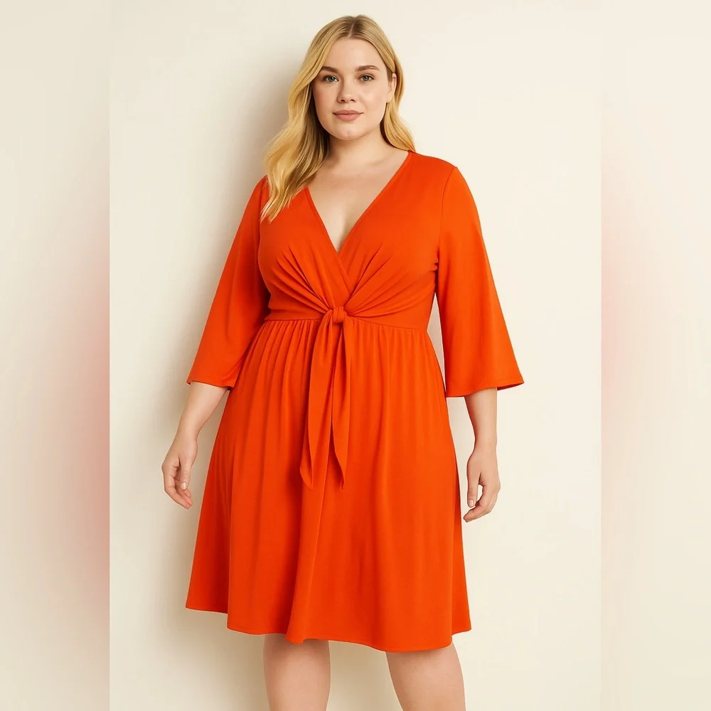 New! Eloquii‎ orange red tie front V neck bell sleeve dress, size 20